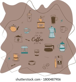 
a set of beautiful modern color illustrations of sketches drawn on the theme of a coffee shop