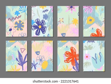 Set of beautiful modern creative abstract cards with floral elements. Vector illustration. Trendy abstract design background.