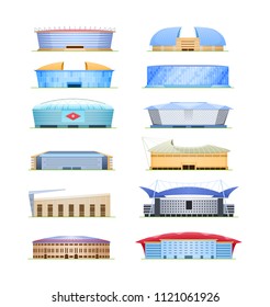 Set Of Beautiful Modern Sports Stadium For Football Championship, Sports Arena. Exterior Football Stadium, Side View. Covered, Open Field With Stands And Canopy. Vector Illustration.