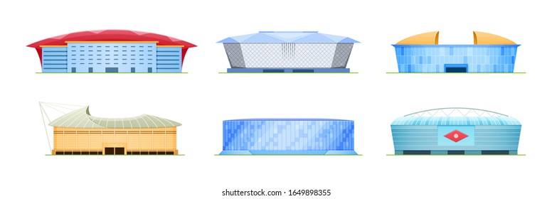 Set Of Beautiful Modern Sports Stadium For Football Championship, Sports Arena. Exterior Football Stadium, Side View. Covered, Open Field With Stands And Canopy. Vector Illustration.