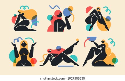 Set of beautiful modern women geometric silhouettes illustrations with with abstract shapes. Contemporary minimalistic style art. Feminity concept vector illustrations