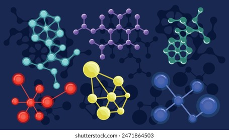 Set of beautiful molecules in cartoon style. Vector illustration of colored different molecules from atoms isolated on a blue background. Chemical structures. Homonuclear and heteronuclear molecules.