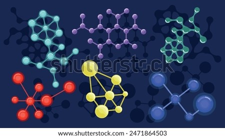 Set of beautiful molecules in cartoon style. Vector illustration of colored different molecules from atoms isolated on a blue background. Chemical structures. Homonuclear and heteronuclear molecules.