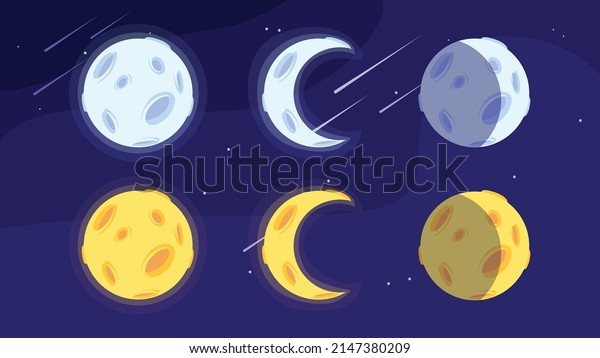 Set of beautiful moon on white background.\
Vector illustration starry sky with different shapes of the moon in\
yellow and white color in cartoon\
style.