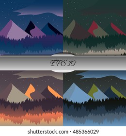 Set of beautiful mountain and forest landscapes. Nice vector illustration
