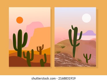  A set of beautiful mountain landscape with cactus trees vector illustration nature background.