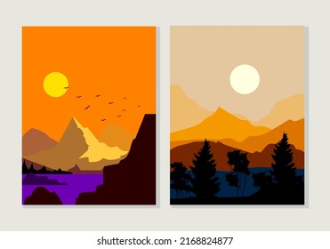 A set of beautiful mountain landscape vector illustration nature background.