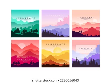 Conjunto de hermosos paisajes montañosos. Escenas pintorescas con montañas, dibujos animados de dibujos animados de cielo y sol