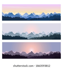 A set of beautiful mountain landscapes at sunset and dawn.Flat vector illustration.