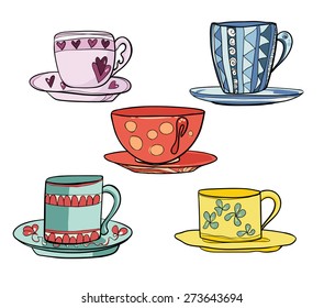 Set of beautiful multi colored bright cups with saucers. Vector illustration