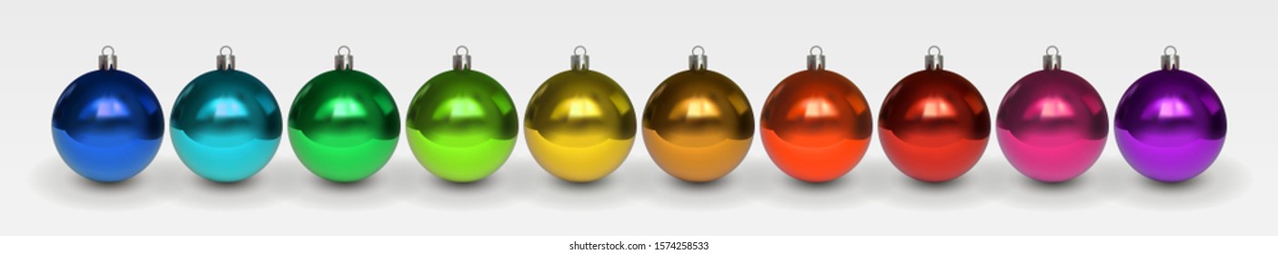 Set of beautiful multicolor shiny Christmas balls with reflection. Blue, red, yellow, green, gold shades. Christmas decoration for festive mood. Desidn element isolated on white. 3D realistic vector