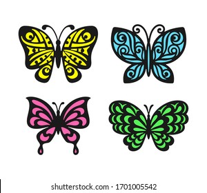 Set of beautiful multi-colored openwork butterflies with a black outline. Colorful Isolated objects on a white background. Drawn design elements for logos, web icons, cute symbols. Vector illustration
