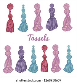 set of beautiful multi-colored tassels on white background. Vector illustration