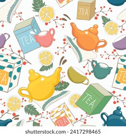 А set of beautiful, multi-colored traditional tea ware as seamless pattern on white background. Vector illustration
