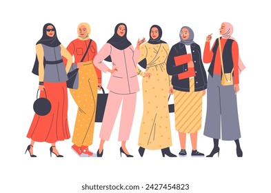 Set of beautiful muslim woman in headscarfs flat style, vector illustration isolated on white background. Decorative design element, smiling stylish characters, muslim fashion