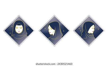 Set of beautiful muslim women, islamic female praying for Allah God in holy month. Wearing hijab of night blue. Background is studded with stars. Ramadan Kareem, Eid Mubarak greeting icon. Vector.