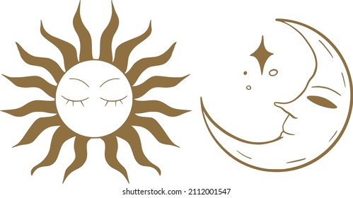 
Set of beautiful mystical elements in boho style, sun and crescent moon with face and stars.