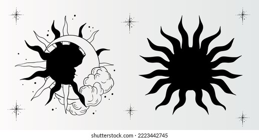 Set of beautiful mystical elements in boho style, sun and crescent moon with clouds and stars