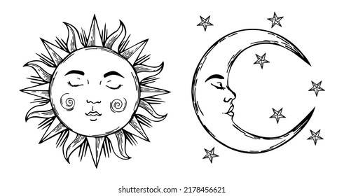 Set of beautiful mystical elements, sun and crescent moon with face vintage style. Design tattoos elements. Antique style vector. Hand drawn in engraving style isolated on white background.