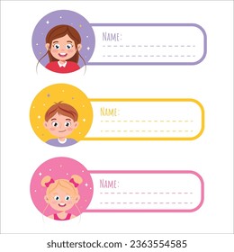 Set of beautiful name tags for school, kindergarten in a cartoon style. Vector illustration of colored labels with cute boys and girls with name inscription isolated on white background.
