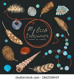 set of beautiful natural items. Various feathers, shells, pebbles, beads on a string. Vector illustration. Children's treasures.