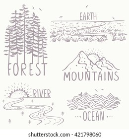 Set with beautiful nature, mountains and forest, river, field and ocean. Hand drawn sketch. Stylish vector illustration