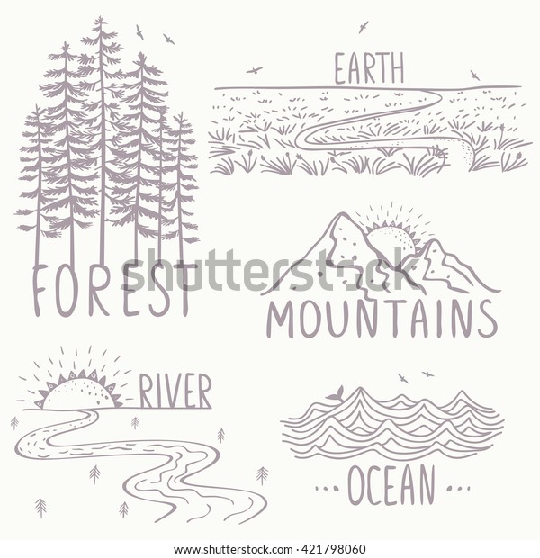美しい自然 山と森 川 野と海を舞台に 手描きのスケッチ スタイリッシュなベクターイラスト のベクター画像素材 ロイヤリティフリー
