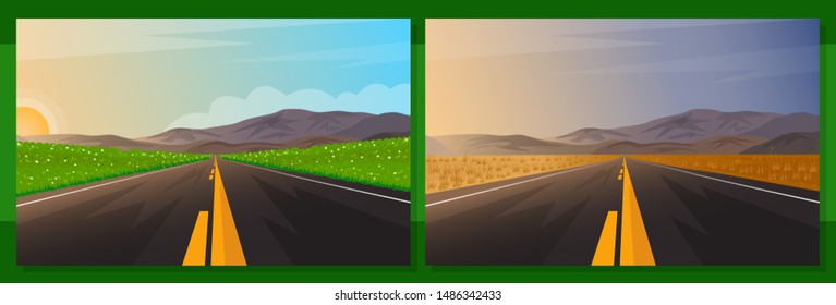 Set of Beautiful Nature Scenery and Desert with Empty Road to Mountain - Vector