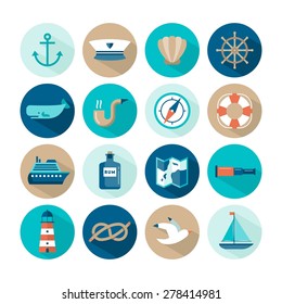 set of beautiful nautical flat icons, vector illustration 