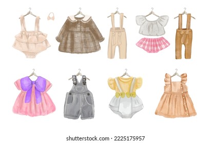 Conjunto de ropa hermosa recién nacida, artículos para bebés, vestido, traje de salto en estilo acuarela sobre fondo blanco.