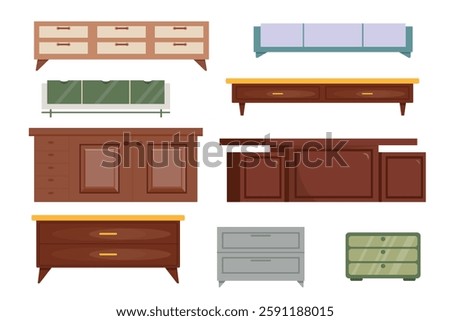 Set of beautiful nightstands, tables in cartoon style. Vector illustration of modern tables of different shapes and sizes isolated on white background. Interior elements. Home and office furniture.
