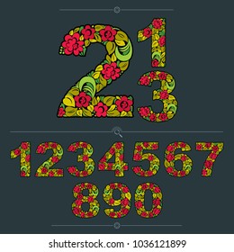 Set of beautiful numbers decorated with herbal autumn ornament. Colorful vector numeration made in floral style.