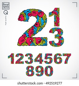 Set of beautiful numbers decorated with herbal ornament. Colorful vector numeration made in floral style.
