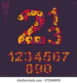 Set of beautiful numbers decorated with herbal ornament. Vector numeration made in floral autumn style.