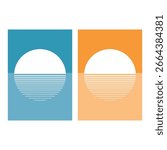 Set of beautiful ocean beach horizon with sunrise or sunset. sunset aesthetic background posters in minimal style. vector illustration