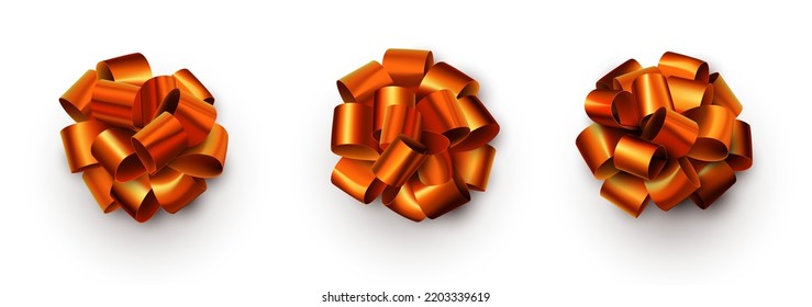 Set of beautiful orange foil isolated bows. Vector illustration.