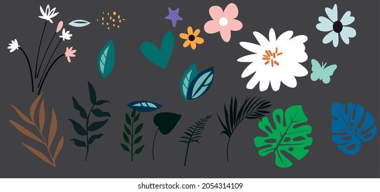 Set of beautiful organic flower, leaf and butterfly illustrations. vector illustration