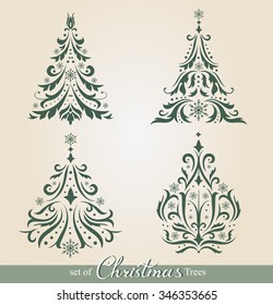 Set of beautiful ornamental Christmas Trees to create holiday cards, backgrounds and decoration.