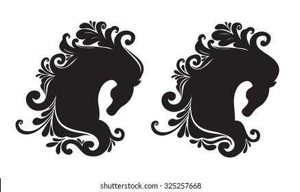 Set of beautiful ornamental horse. Vector illustration. Logos elements