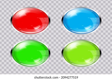 A set of beautiful oval transparent glass multicolored buttons with a metal frame. Vector 3D illustration