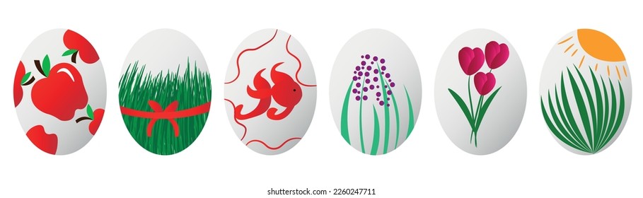 Set of beautiful painted eggs for Novruz Bayram celebration on w