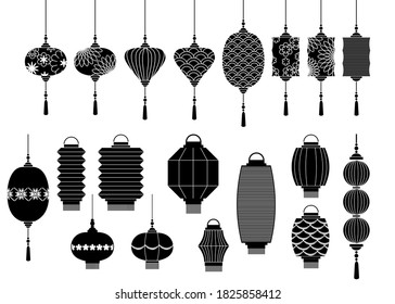 A set of beautiful paper Chinese lantern isolated on white background. They’re black and white drawing style. Traditional decorating lantern.