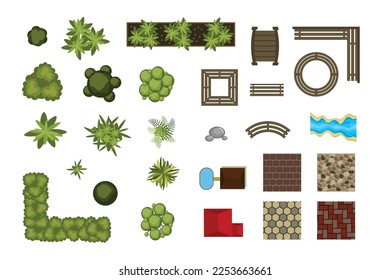 Set of beautiful park equipment with top view in cartoon style. Vector illustration of a constructor with trees, bushes, flower beds, benches, bridges, stones, houses, roads and river on background.