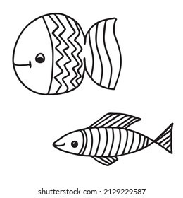 Set of beautiful patterned fish. In cartoon style. Funny fish in the underwater world. Antistress coloring book sketch for adults or kids, line drawing, doodle logo for tattoo, zentangle.