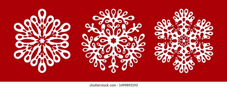 Set of beautiful patterned laser cut snowflakes. Template christmas new year decorations designs. Elements for the New Year holidays. vector illustration on a red background