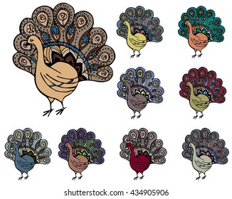set of beautiful peacocks (peafowl)  by hand drawing