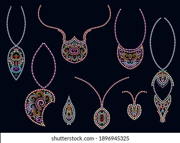 A set of beautiful pendants. Colorful design for jewelry. Isolated objects on a black background. Vector clipart