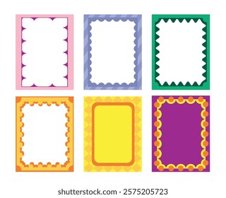 Set of beautiful photo frames in cartoon style. Vector illustration of colored rectangular vertical frames with different patterns, ornaments isolated on white background. Frames for text. Templates.