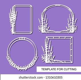 Set of beautiful photo frames with lavender flower ornaments. White objects on a purple background. Template for laser cutting, wood carving, paper cut or printing. Plant theme. Vector illustration.