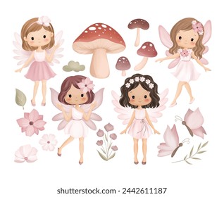 Set of Beautiful Pink Fairy with Butterflies, Flowers, Mushroom and Plants